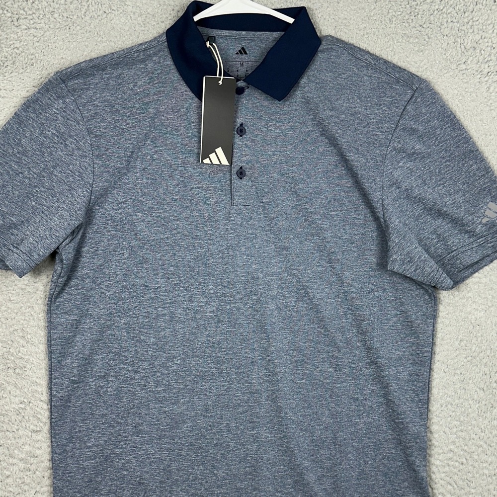 NEW Adidas Polo Shirt Men Medium Heathered Blue Performance Golf Rugby Casual